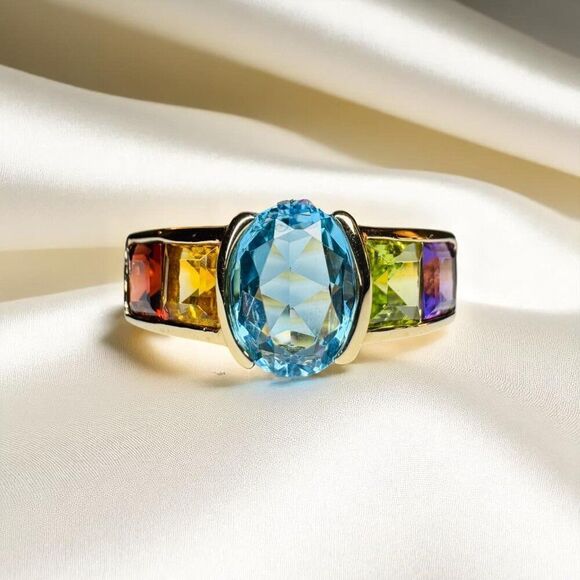 VINTAGE- 10K Gold -Multi Gemstone Ring -Sz 5 Rainbow Ring -Topaz Garnet Amethyst - Picture 5 of 16